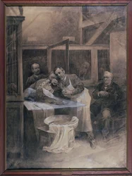 Louis Pasteur (1822-95) che prende un campione di schiuma da un cane rabbioso